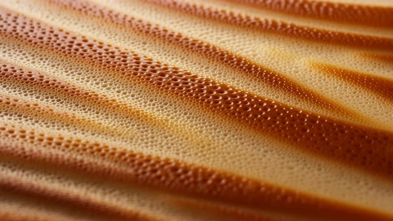 Scène en gros plan en mouvement d'une surface poreuse texturée avec des crêtes et des creux répétitifs, et de minuscules gouttelettes dans des tons miel, caramel et crème, créant un détail abstrait organique avec des reflets doux et de la profondeur.