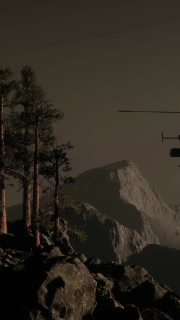 A Helicopter Flying Over a Mountainous Landscape