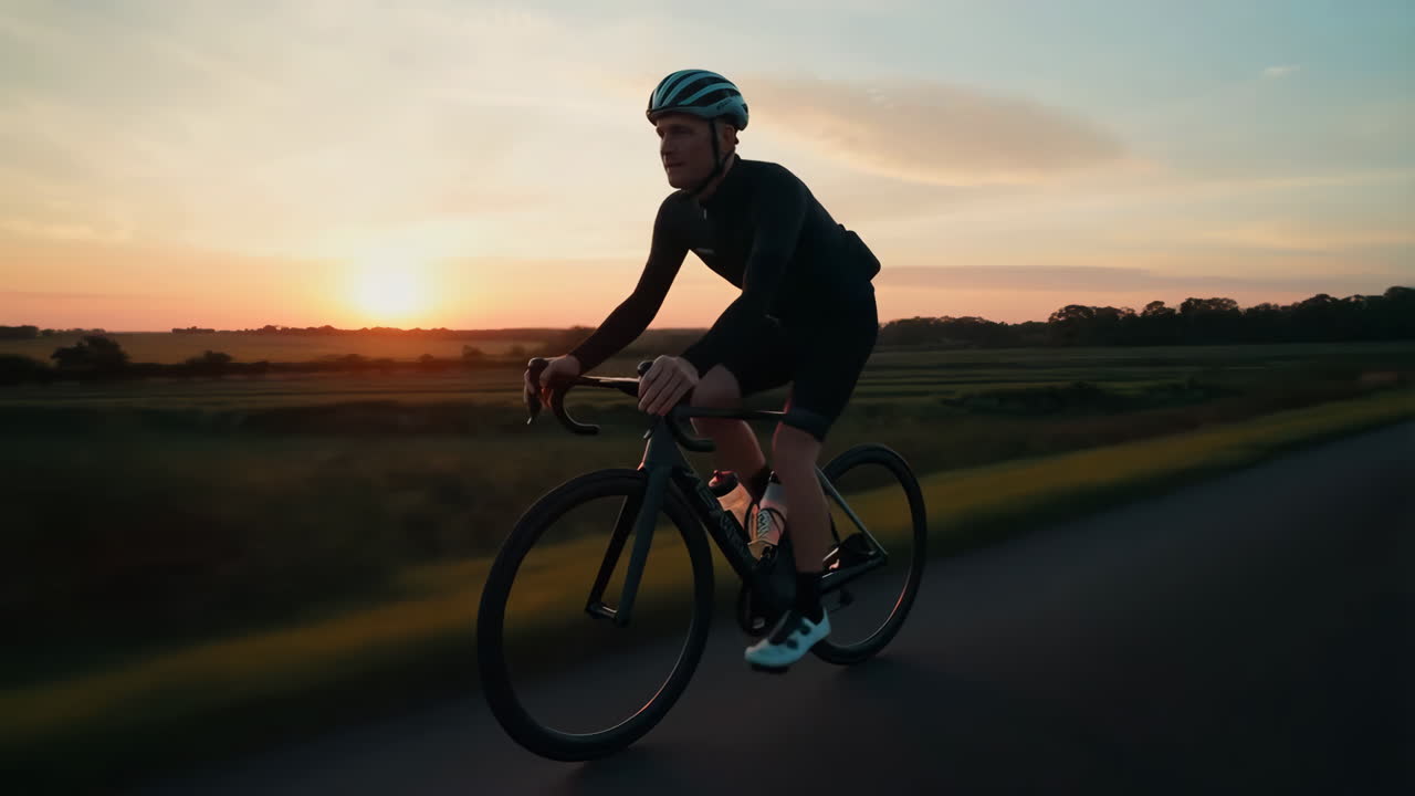 Cyclist Riding a Road Bike at Sunset