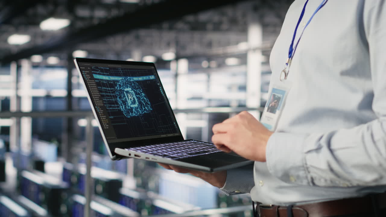 Close up of IT specialist in server room doing AI deep learning automatization