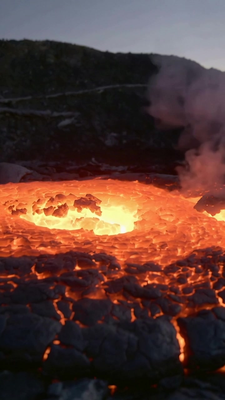 Vertical video: Churning lava pool showing convecting ring at dusk, crust cracking and steam rising