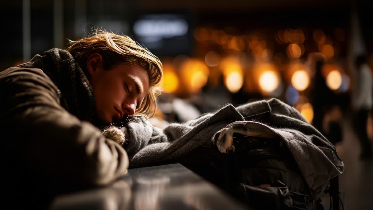 A Peaceful Moment at an Airport: A Traveler's Brief Respite as They Lean on Their Luggage, Drifting into Sleep Amidst the Warm Ambiance of Lights and Surrounding Movement