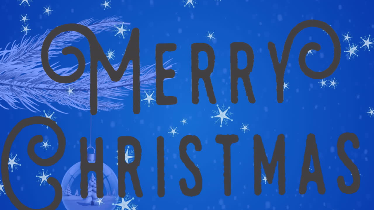 메리 크리스마스 텍스트의 애니메이션, 눈 인 나무에 매달린 보블, 눈송이와 가지