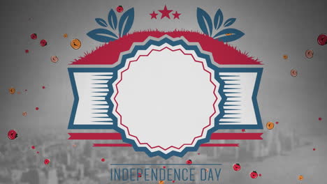 animación de iconos, letrero con espacio de copia y texto del día de la independencia sobre el paisaje urbano