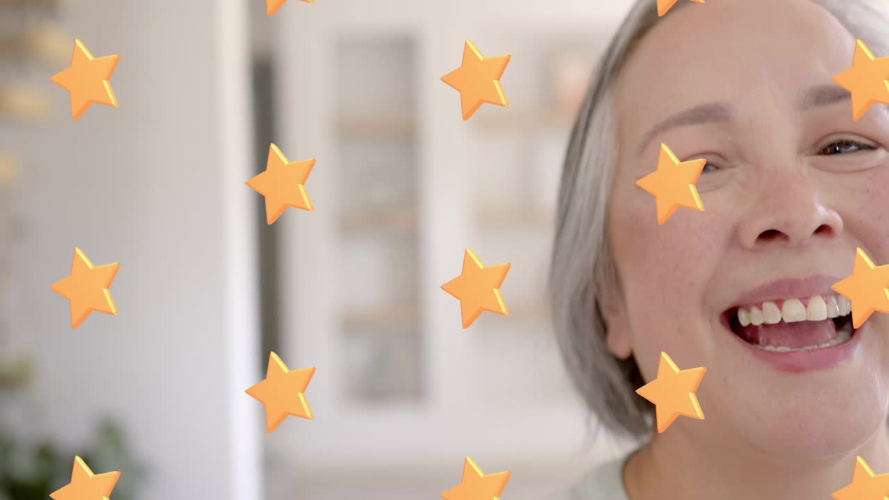 Playback starting, woman smiling as orange 3D bars shifting into stars, covering face for marketing