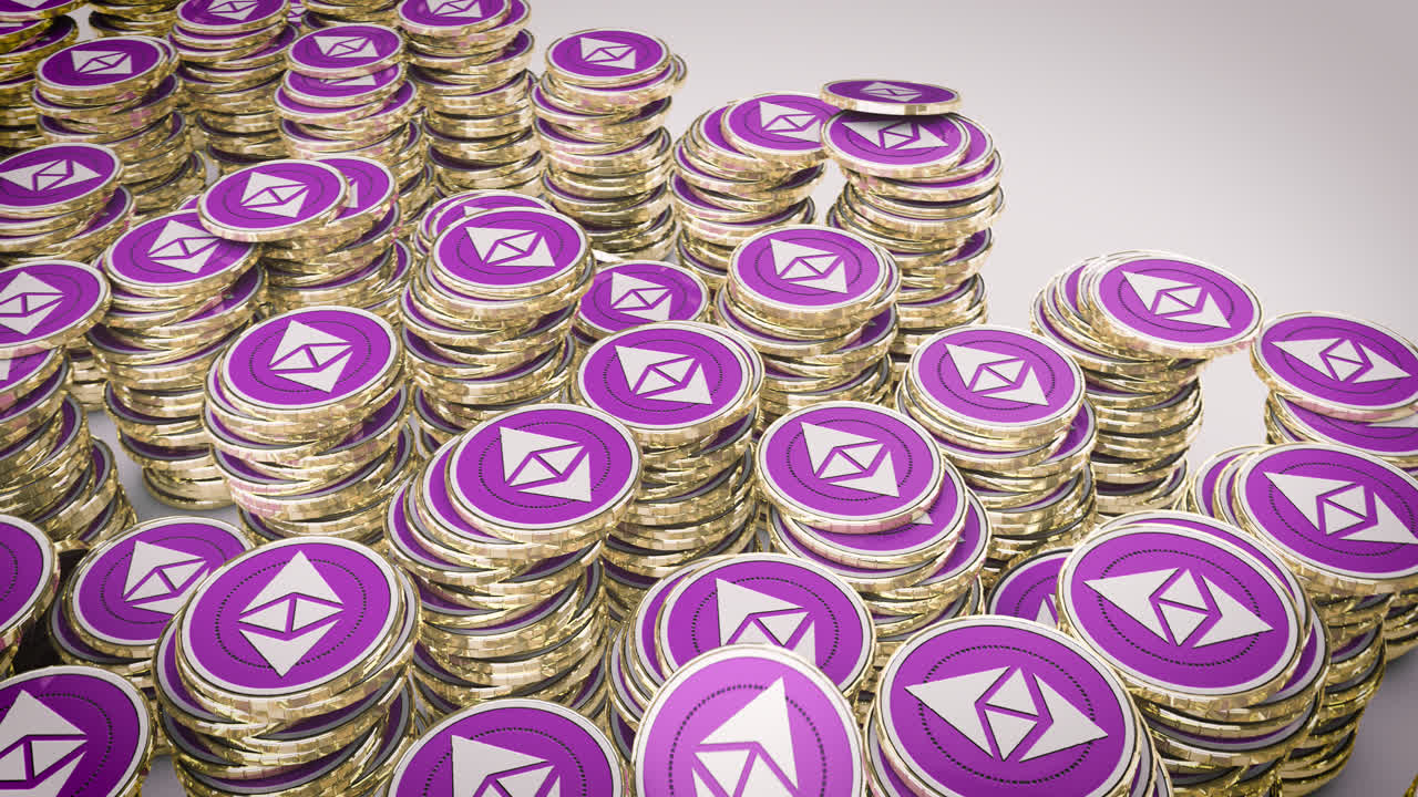 oro 3d che rende la nuova criptovaluta che cade nelle colonne