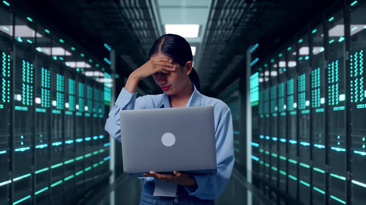Asian Female With Her Laptop In Server Room Data Center, She Is Nodding Her Shead With Dissapionted