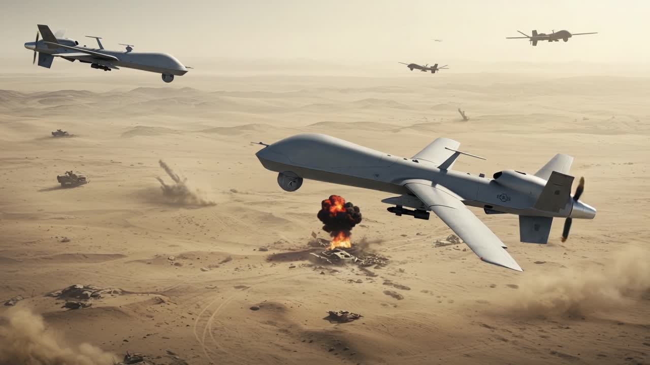 Aerial Warfare: Drones Engage in Combat Over Desert Terrain, Capturing the Intensity of Military Operations in Action-Packed Skies