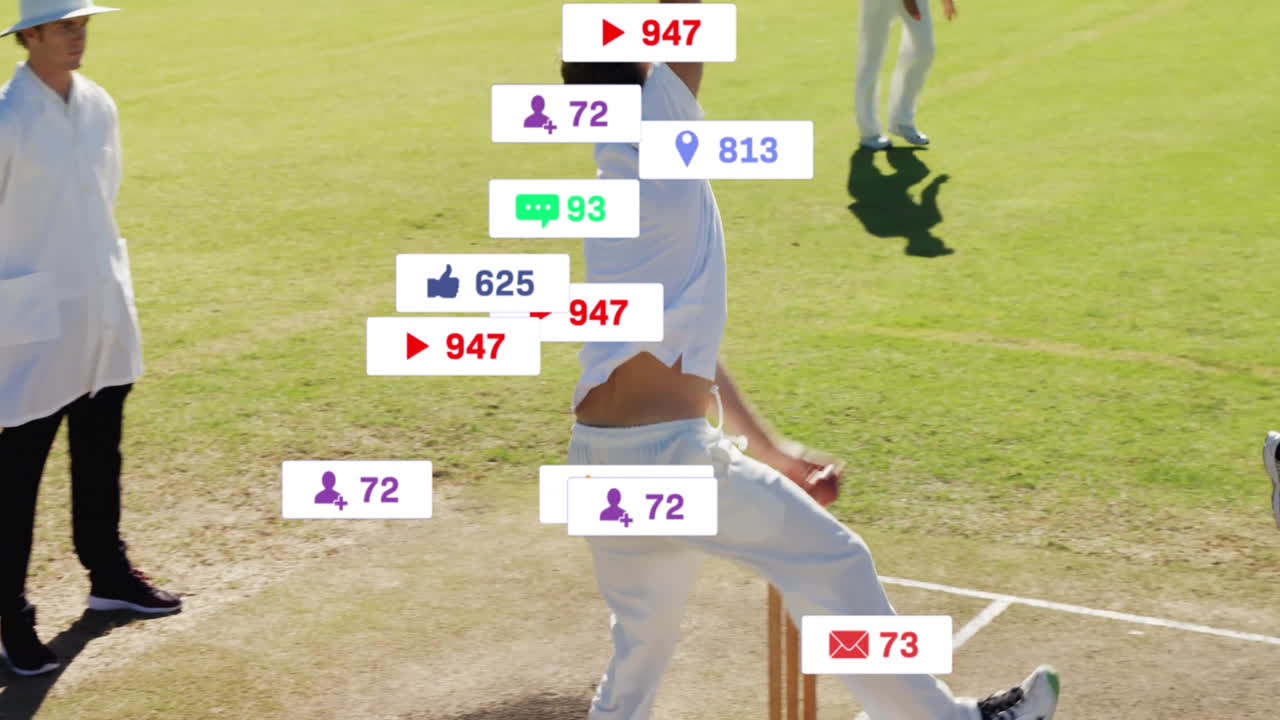 Cricket players in action with social media engagement animation over them
