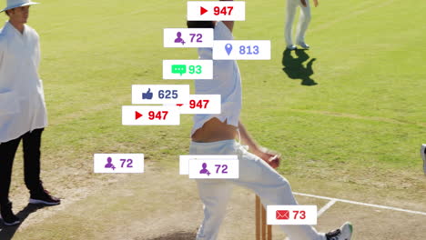 cricket players in action with social media engagement animation over them