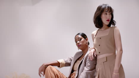 shifting on cube, indian and chinese models adjusting blazer, posing for fashion shoot in studio