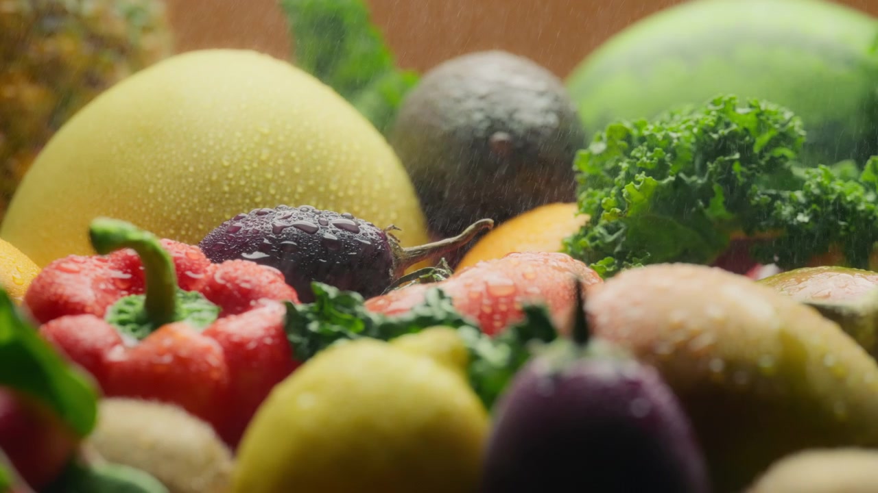 Acqua che schizza su frutta e verdura fresca. Rallentatore, ripresa con carrello.