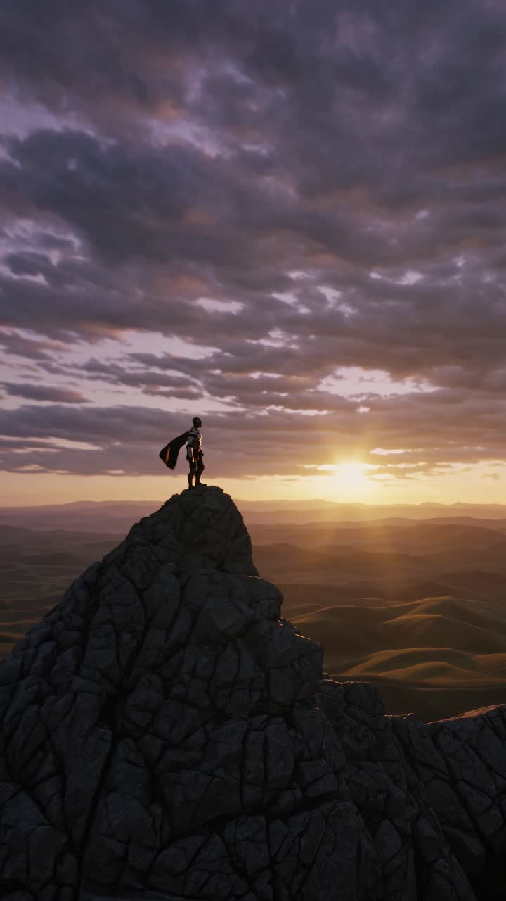 A climber stands atop a rocky peak at sunset, captured from a low-angle