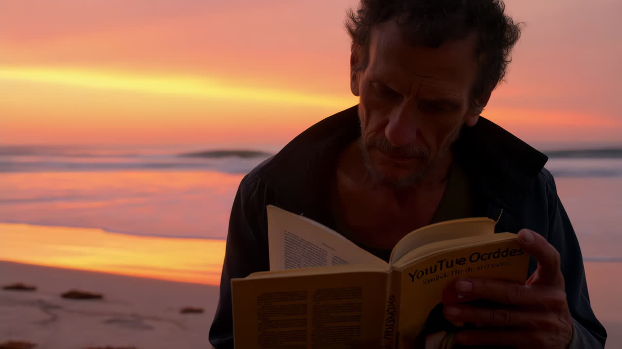 Man reading a book on the beach at sunset