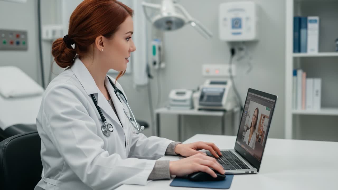 A healthcare professional engaged in a virtual consultation from a modern medical office, focusing on patient interaction through digital technology and telemedicine