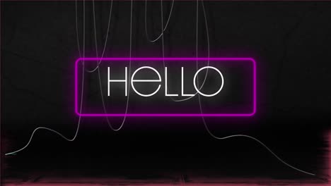 Animation-of-hello-text-over-white-lines-on-black-background