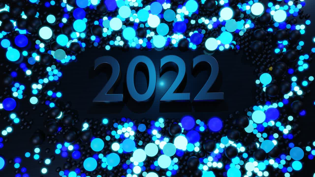números de año nuevo en bucle 2022 y guirnalda de navidad de bolas o esferas esparcidas en el plano, que se iluminan en azul y forman un hermoso patrón. composición de navidad 4k con luz de neón