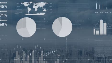 animación del procesamiento de datos financieros sobre el paisaje urbano