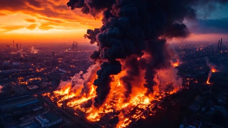 a large plume of black smoke billows out of the sky over a city at sunset