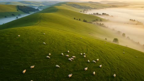 a breathtaking aerial view of rolling green hills covered in mist with grazing sheep, capturing the serenity of nature in the early morning light
