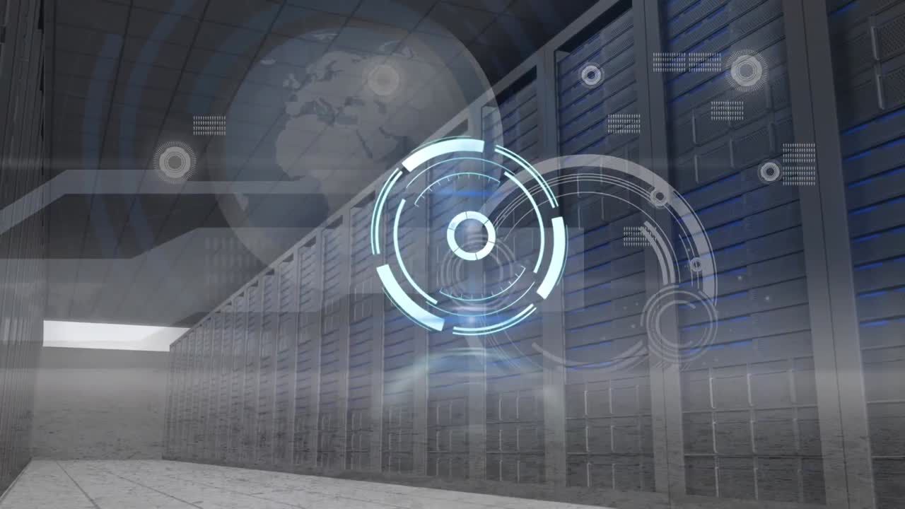 Animation of globe, data processing and server room