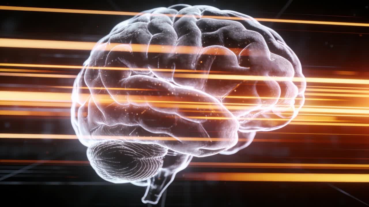 Floating 3D brain centering in studio while camera zooming in, amber lines and sparks showing folds