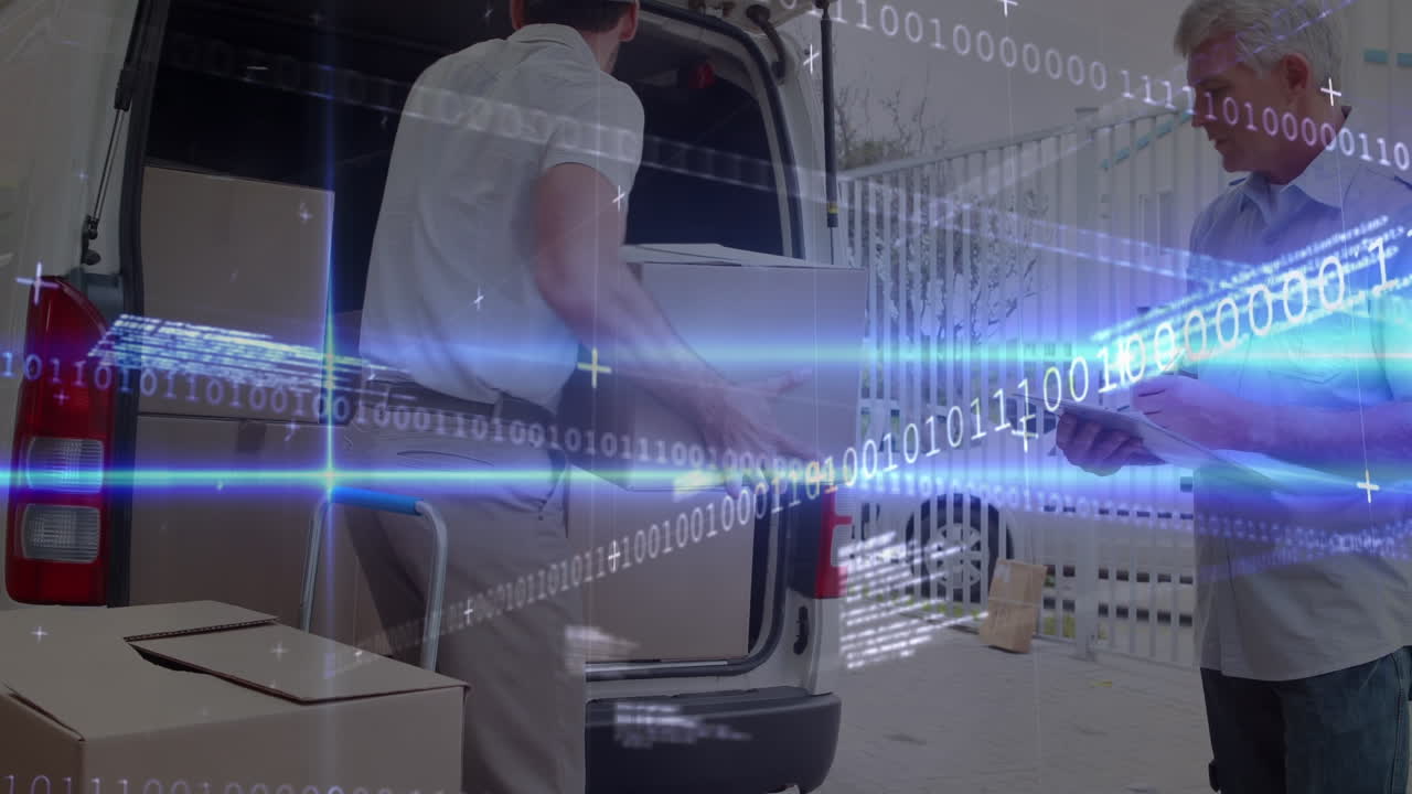 Animation of digital interface over caucasian warehouse workers