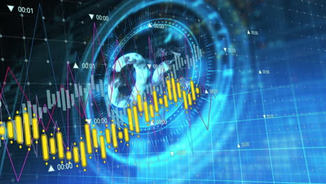 animación del procesamiento de datos financieros a través de escaneo de alcance con símbolo 5g en fondo negro