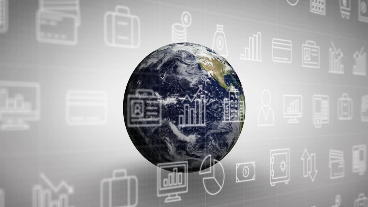 Digitally generated video showcases global economy and connections on a revolving earth.