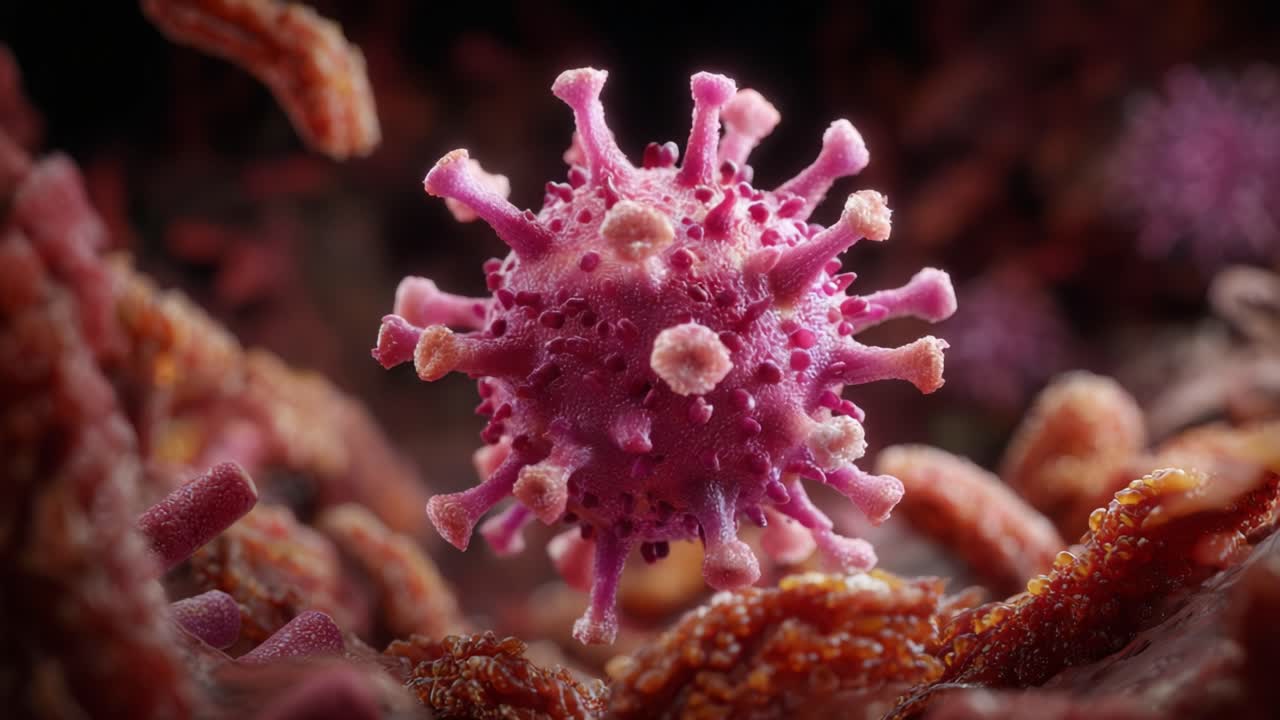An Intricate Close-Up View of a Virus Surrounded by Cellular Structures, Capturing the Complexities of Microbiology and Pathogen Interaction in Stunning Detail