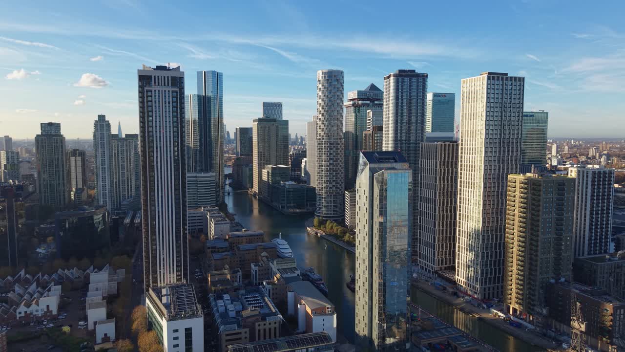 Aerial View of Canary Wharf Skyscrapers in London on a Sunny Day