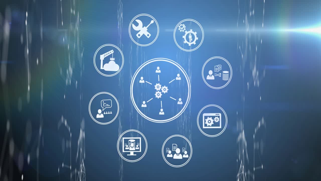 On start two gears merging, users linking, icons spinning, forming service network diagram