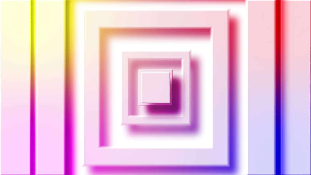 Animation of rainbow coloured square layers pulsating on white background