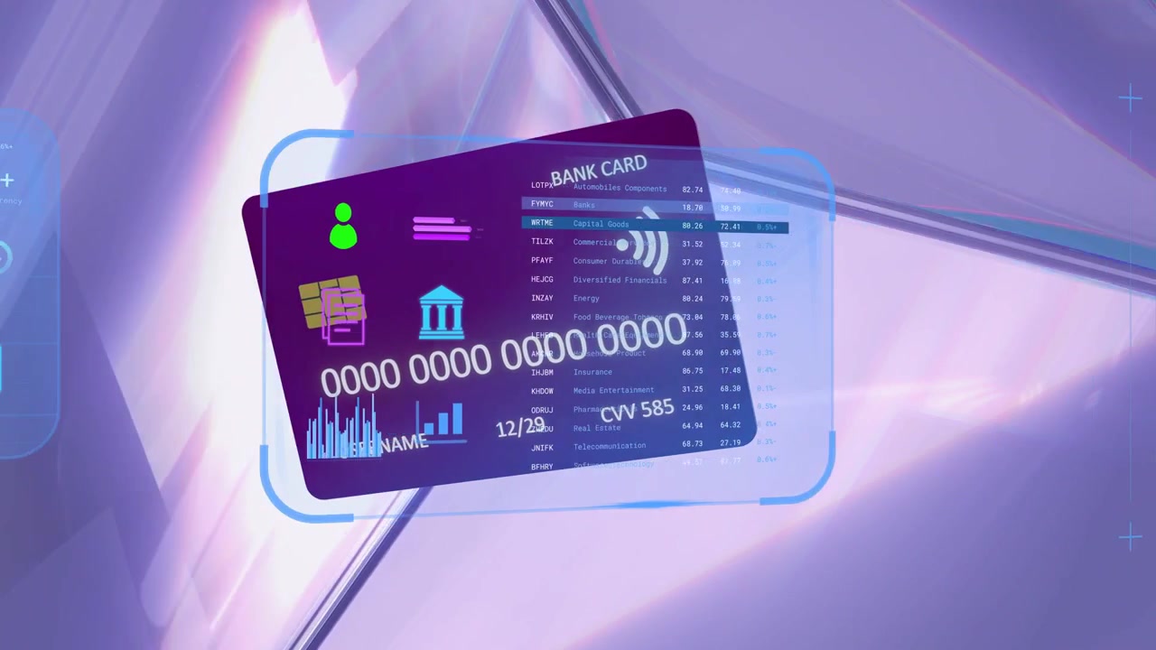 Purple gradient bank card entering scene, rotating while HUD panels animating, displaying card data