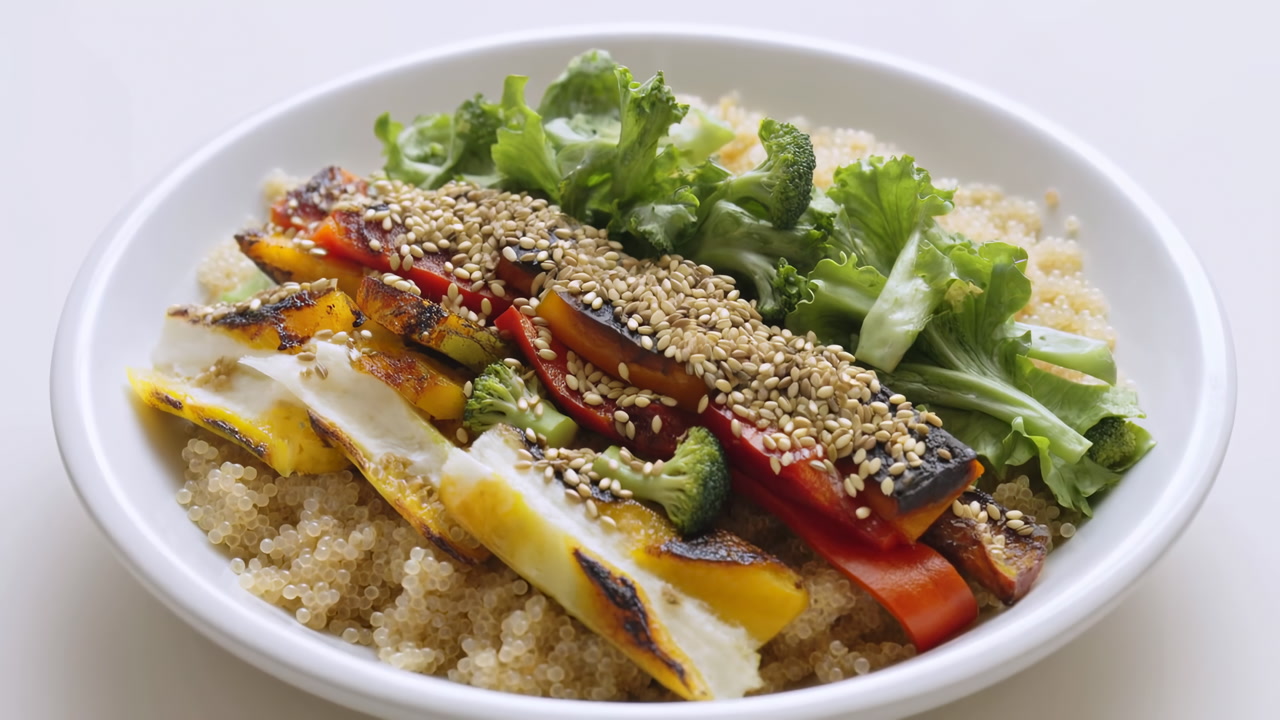 Quinoa Bowl With Grilled Peppers Lettuce And Sesame Seeds White Bowl Closeup On Clean Background, Bright