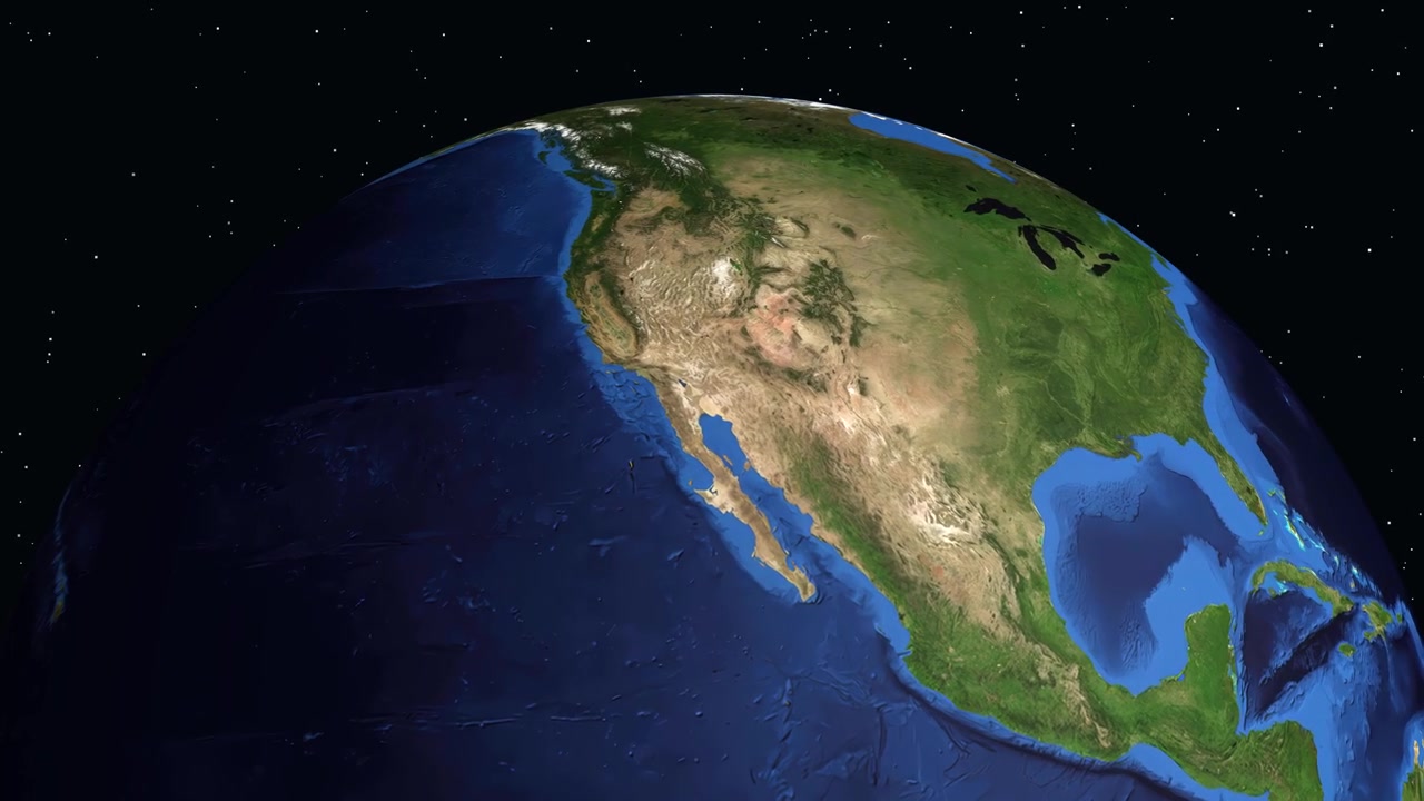 Un'animazione digitale si ingrandisce dallo spazio verso il Nord America, individuando Mexicali, Messico con indicatori di posizione.