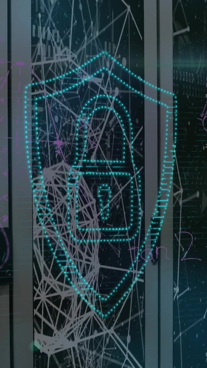 Animazione di un punto luce su un'icona di lucchetto di sicurezza e reti a plexo, con una sala server come sfondo.