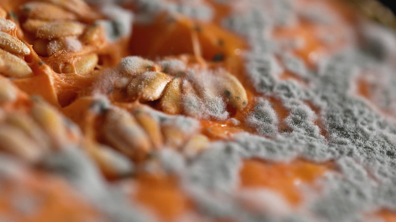 Macro shot of rotten melon slice with seeds covered by white and green mold spots, decomposition detail