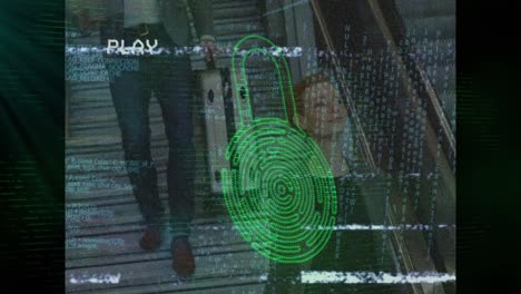 Animation-of-vhs-glitch-effect-and-security-padlock-icon-over-caucasian-businesswoman-on-elevator