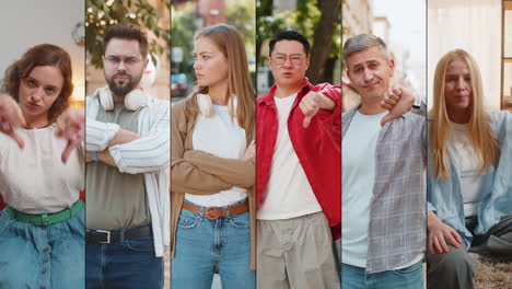 collage of upset frustrated diverse people gives thumbs down negative feedback disapproval fail lose