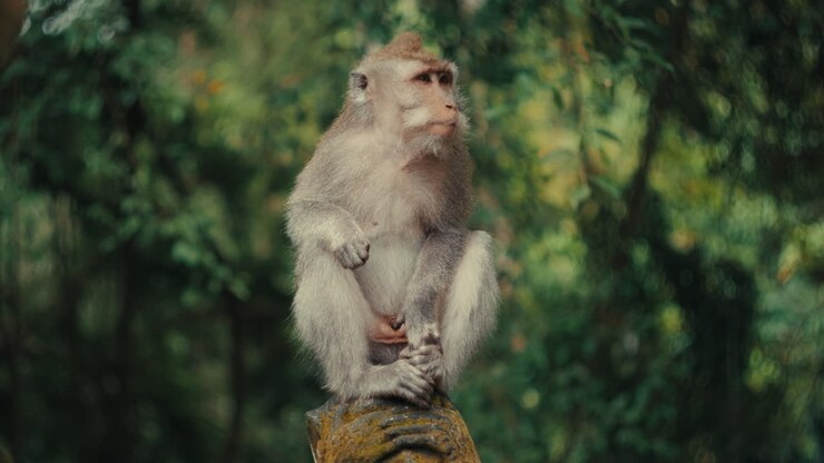 A cinematic shot of a wild macaque monkey sitting poised on a stone statue, with a lush green tropical forest background providing a soft bokeh in the Sacred Monkey Forest Sanctuary, Ubud