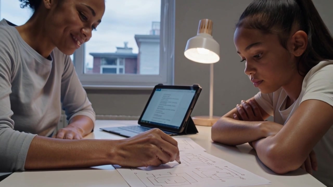 Tablet showing text adult in long-sleeve teaching child marking diagrams on white table with pencil