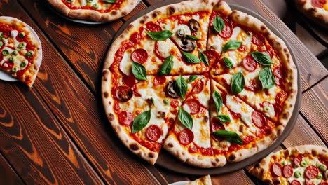 close-up of delicious pepperoni and mushroom pizza slices