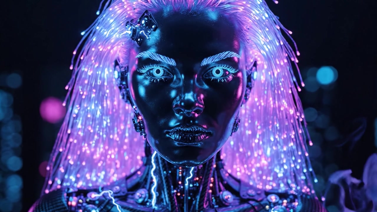 Futuristic Neon Android: A Striking Visual Journey of a Cybernetic Being Emphasizing High-Tech Features and Radiant Light Effects in a Dystopian Setting
