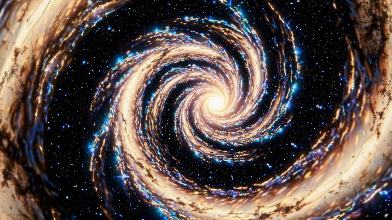 Un ipnotizzante video di una galassia a spirale con un'angolazione dall'alto, che mostra stelle vorticose e polvere cosmica
