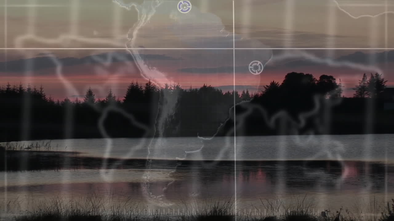 Silhouette of trees and lake at sunset with map overlay animation