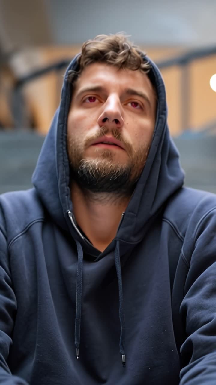 Man in hoodie holds head, eyes closed, showing distress. He appears tired or frustrated, with hands pressed to temples. Situation suggests stress, exhaustion, or emotional strain