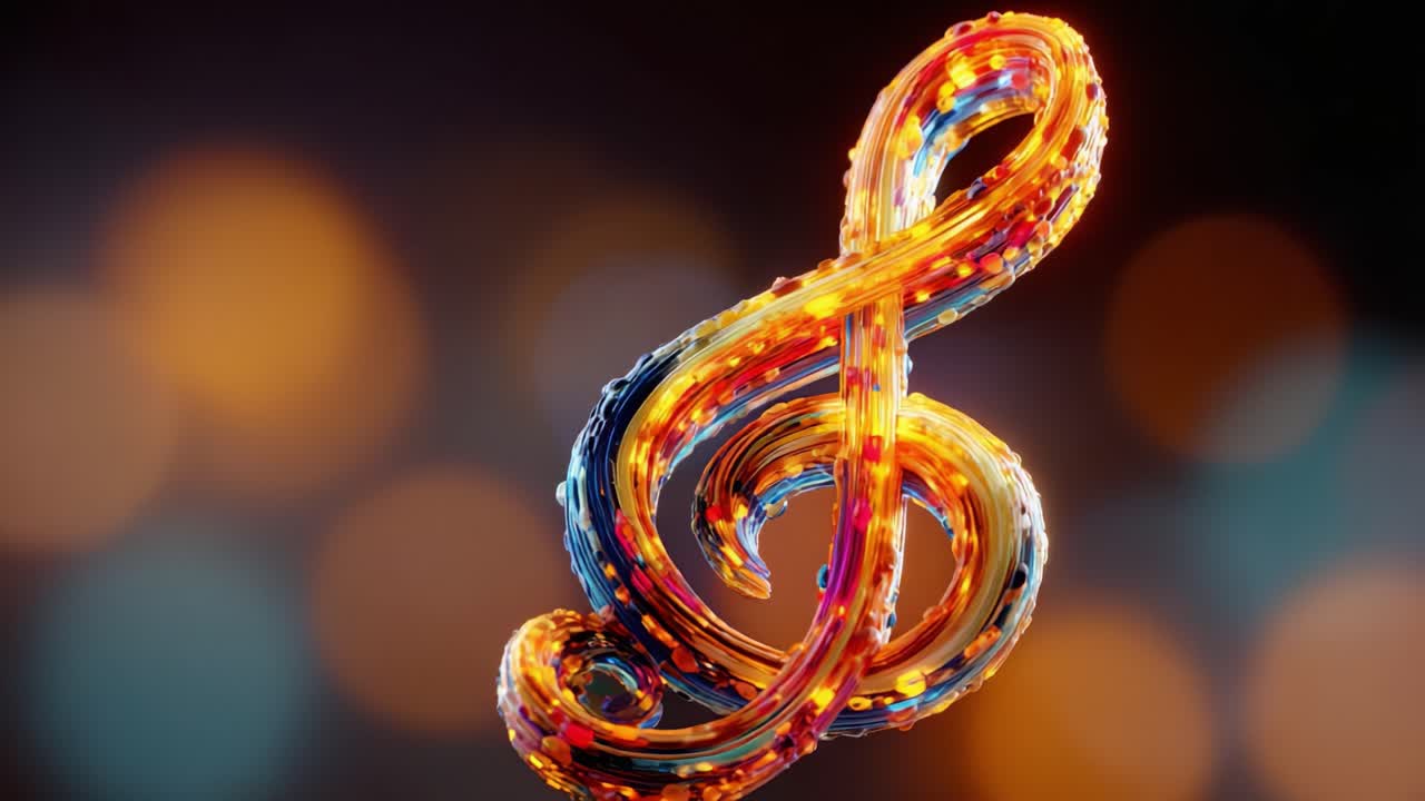Ein lebendiger Violinschlüssel, beleuchtet mit bunten Lichtern vor einem weichen Bokeh-Hintergrund, der die Essenz von Musik und Kunstfertigkeit in einer dynamischen visuellen Darstellung einfängt