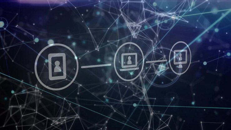 Three device icons floating in dark digital network 3D render, connecting with glowing teal nodes