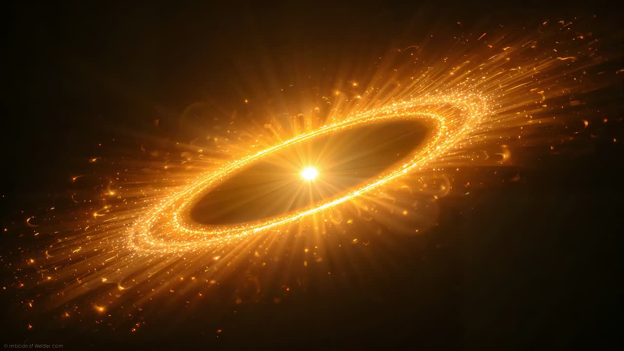 Pulsing tilted golden ring reacting to central point pulsing, shedding particles in cosmic void